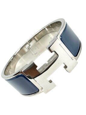 Hermes Clic Clac Enamel Navy Bangle Silver Bracelet